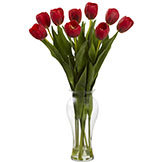24 inch Red Indoor Silk Tulips in Decorative Glass Vase