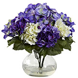 11 inch Indoor Silk Mixed Blue/Purple Hydrangea in Decorative Glass Vase