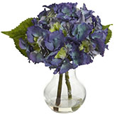 13 inch Indoor Silk Blue Blooming Hydrangea Arrangement in Glass Vase