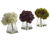 8 inch Hydrangea in Decorative Glass Vase (Set of 3)