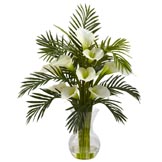 27 inch Artificial Calla Lily & Palm Combo in Vase: Multiple Colors