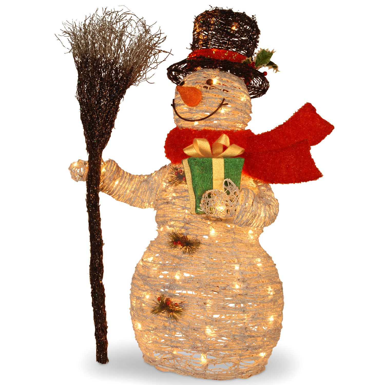 National Tree Company 35 Inch White Rattan Snowman Holding Gift closeup image - National Tree Company 35 Inch White Rattan Snowman Holding Gift