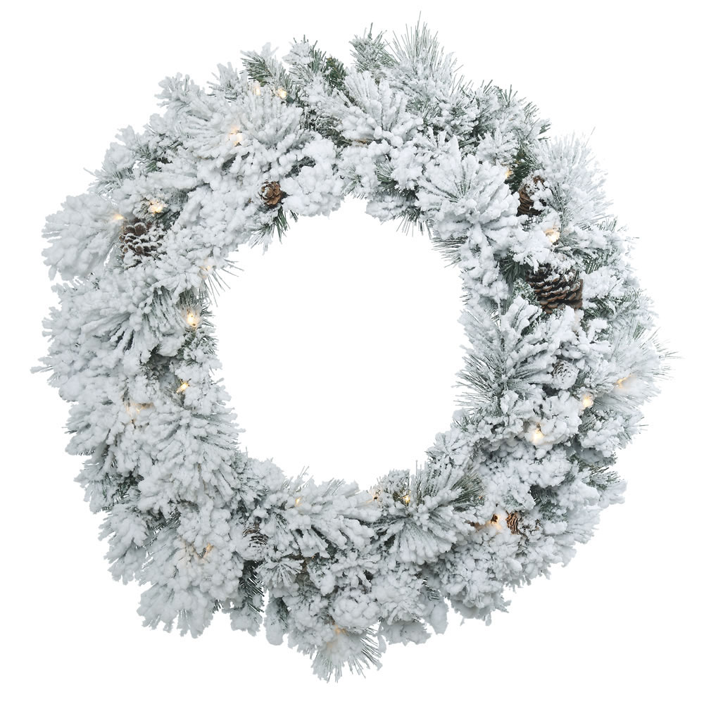 30 inch Flocked Ashton Pine Wreath: Clear LEDs