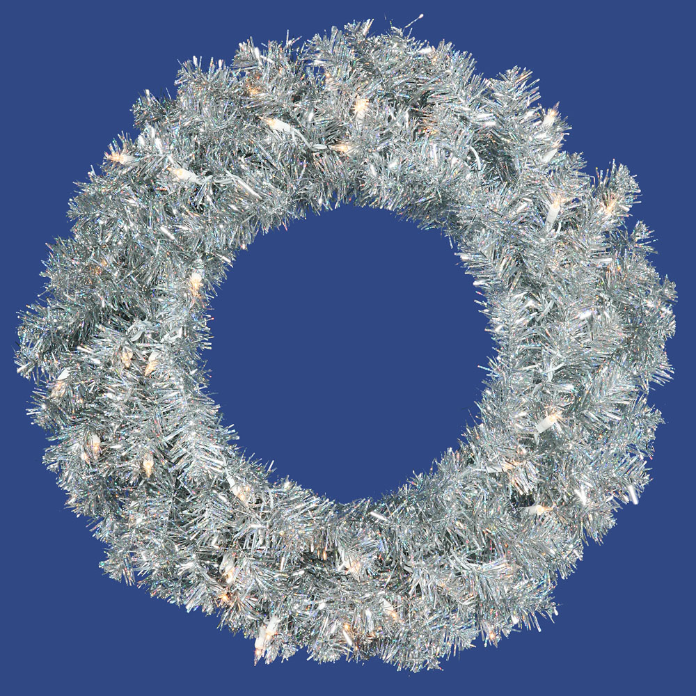 24 inch Silver Wreath: Clear LEDs