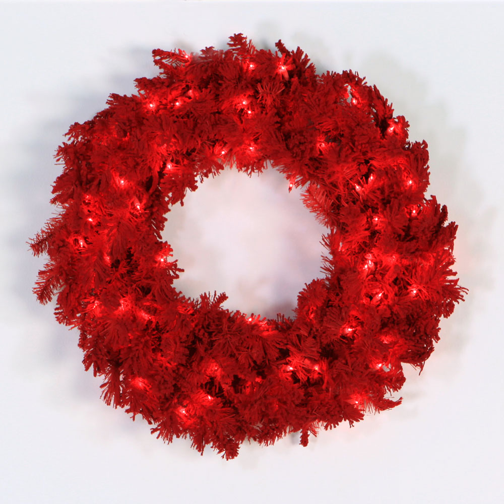 24 inch Flocked Red Fir Wreath: Red LEDs