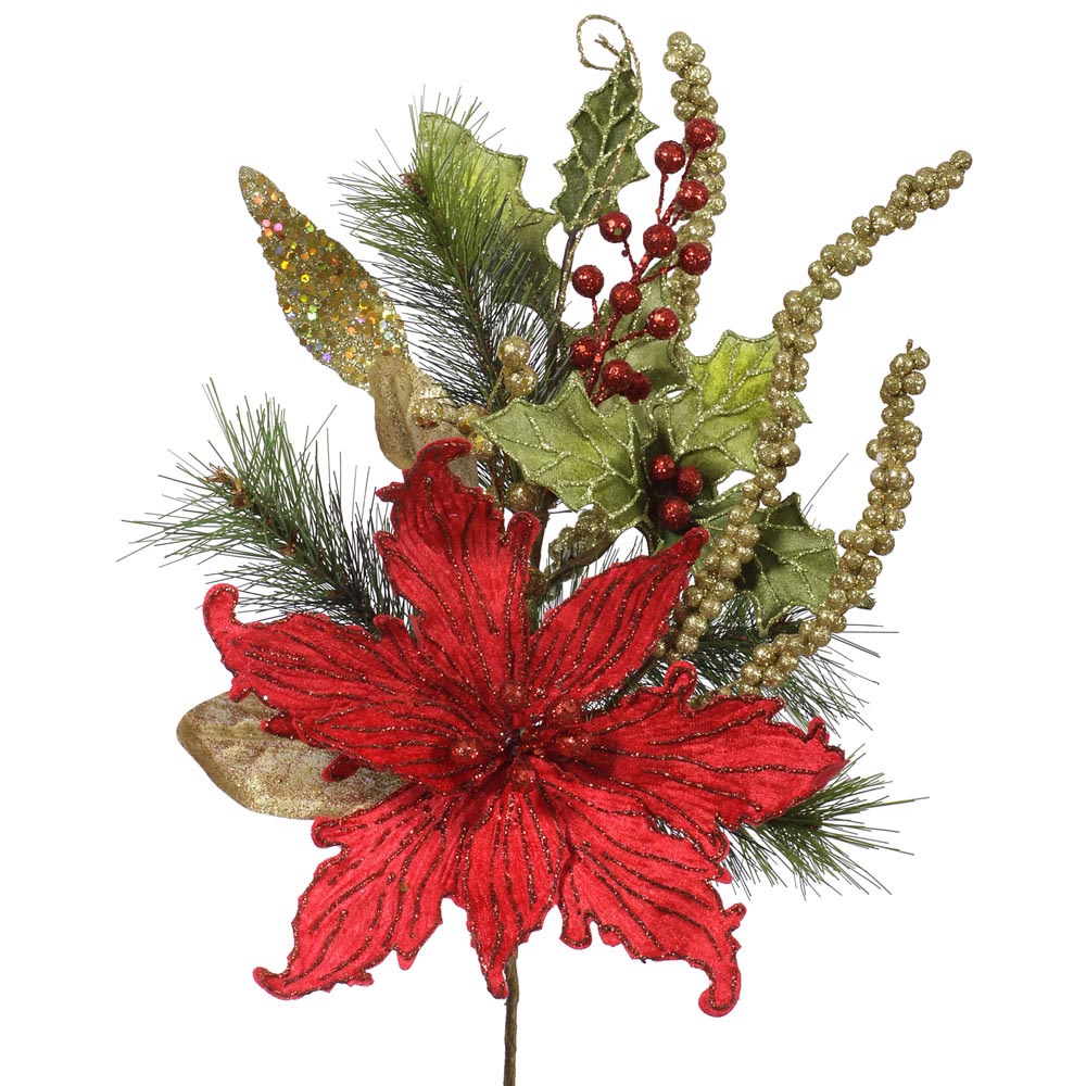 17 inch Red Velvet Poinsettia Pine Christmas Spray L140017 Vickerman