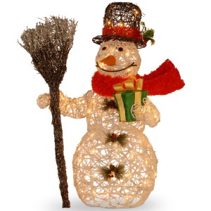 27-Inch Rattan Snowman Holding Gift and Broom