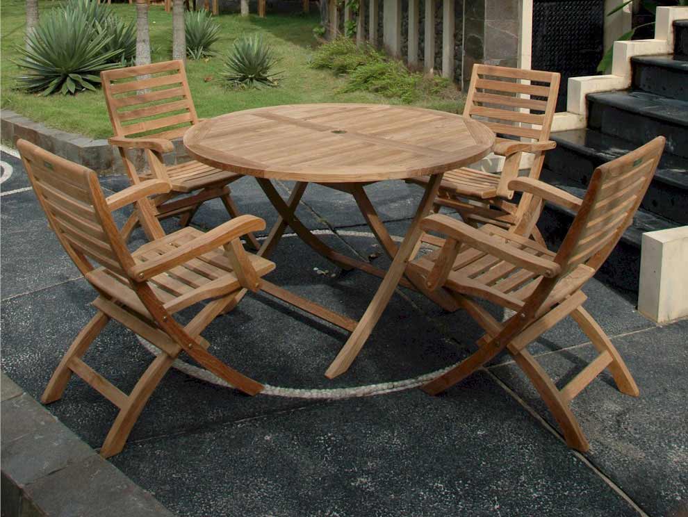 Teak Round Dining Set with 4 Andrew Folding Arm Chairs