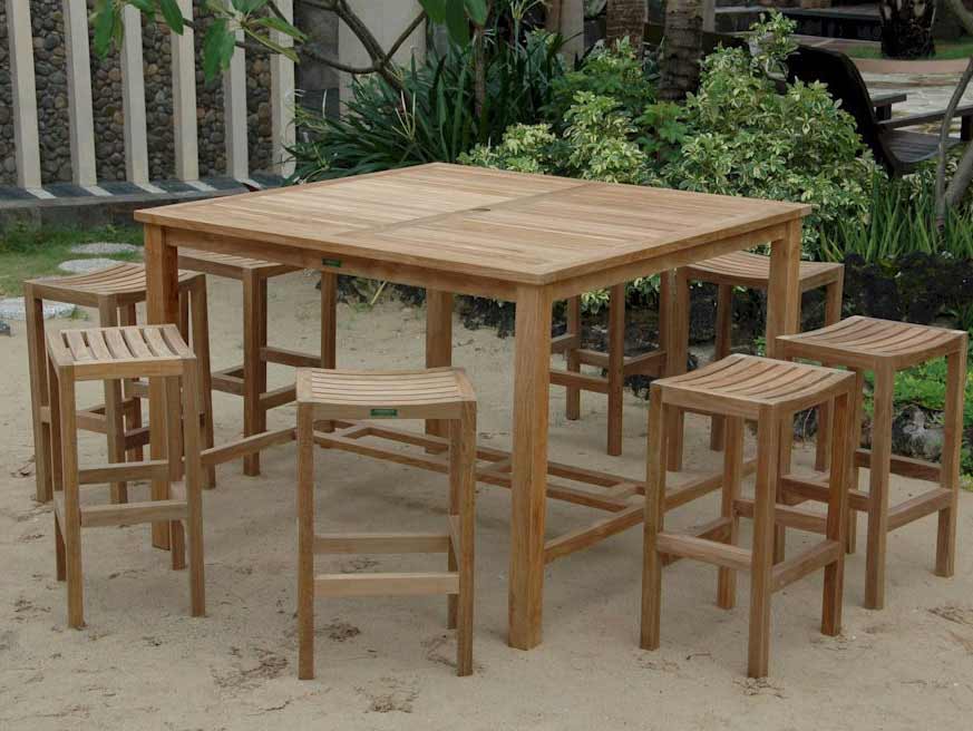 Teak Windsor Bar Table With 8 New Montego Bar Chairs