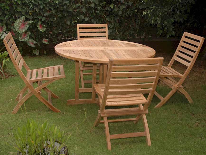 Teak Butterfly Folding Table with 4 Andrew Folding Chairs
