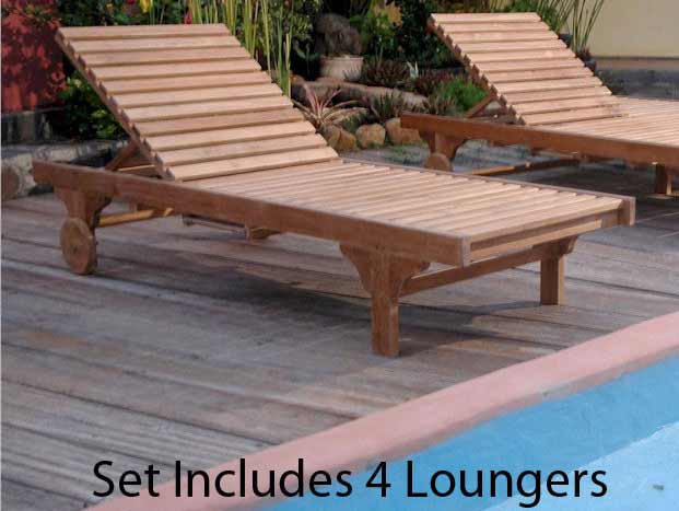 Teak Capri Sun Lounger: Recline Back & Side Tray (set Of 4)