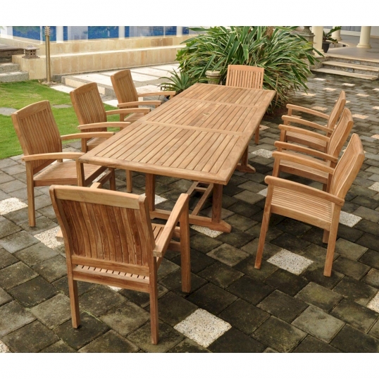 Slim Logo Teak Bahama Dining Table Set With 8 Stackable Arm Chairs Slim Logo Teak Bahama Dining Table Set With 8 Stackable Arm Chairs