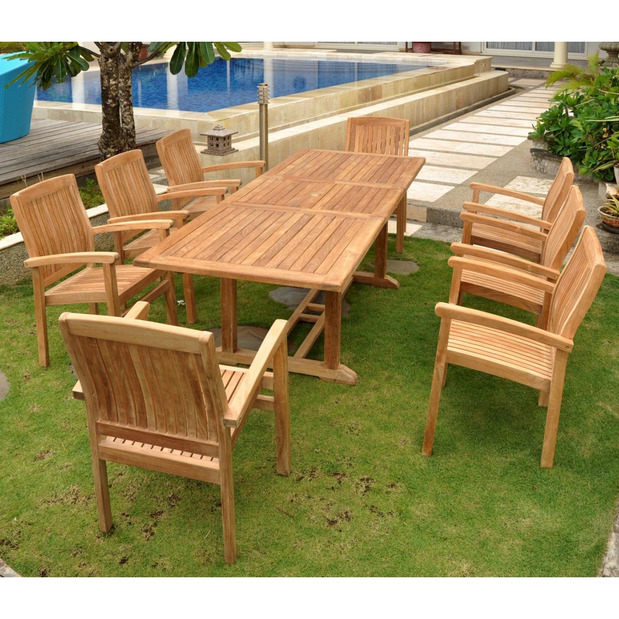 Teak Bahama Extension Table with 8 Sahara Arm Chairs