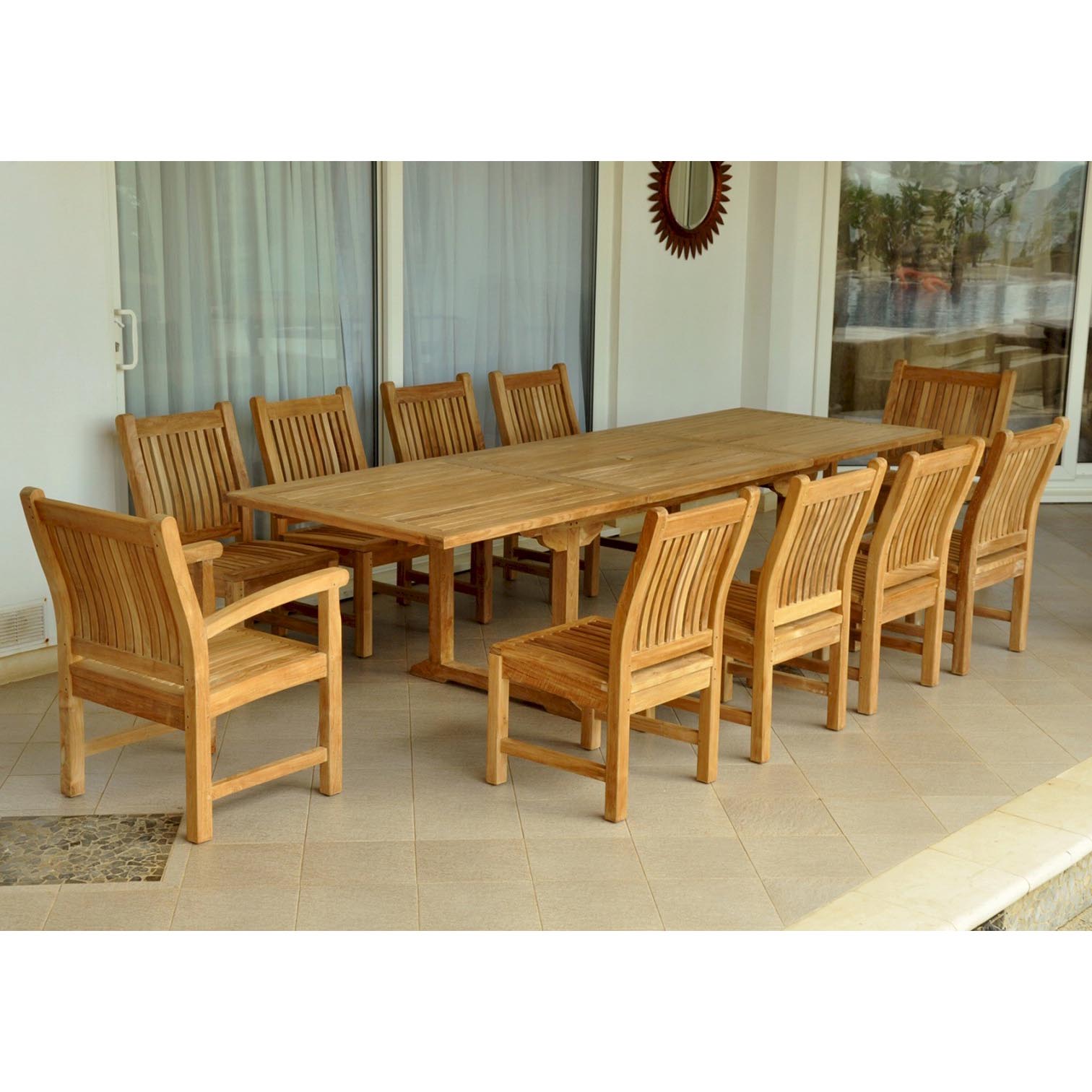 Teak 118 in. Bahama Table: 2 Sahara Armchairs & 8 Side Chairs