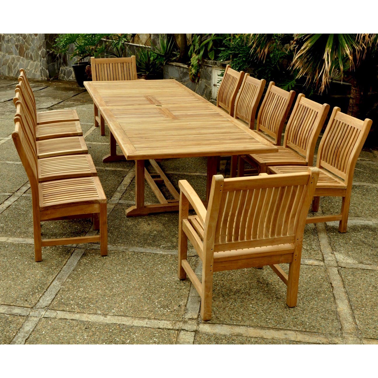 Teak Valencia Table w/ 2 Sahara Arm Chairs & 10 Dining Chairs