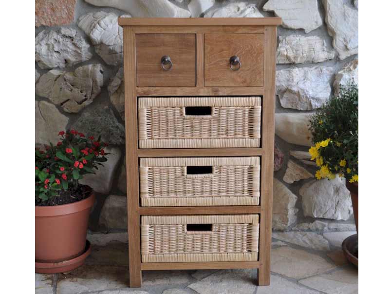 Teak Safari Occasional Table With Drawer & Rattan Baskets