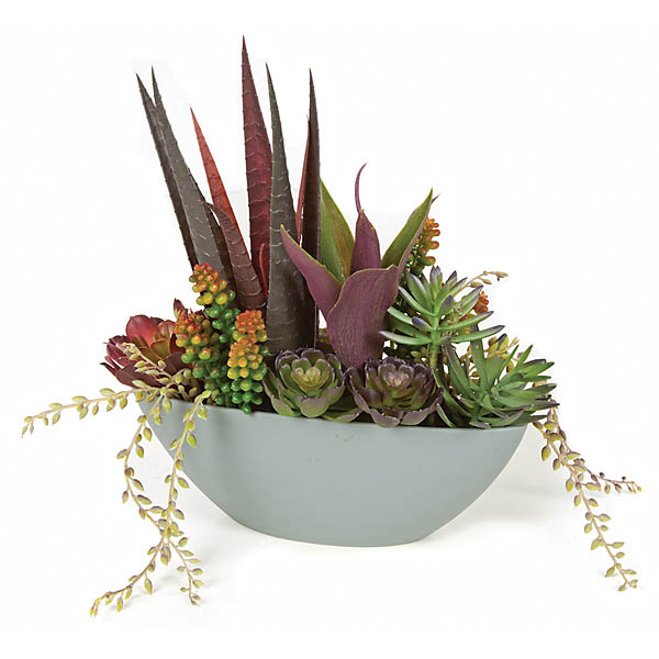11 Inch Artificial Mixed Succulents In Grey Oval Planter - Closeout Final Sale