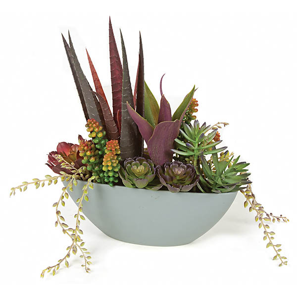 11 inch Artificial Mixed Succulents in Grey Oval Planter - CLOSEOUT FINAL SALE