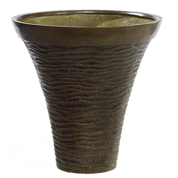 22.5 Inch Brown Fiberglass Carved Motif Planter: 20.75 Inch Inside Dia.