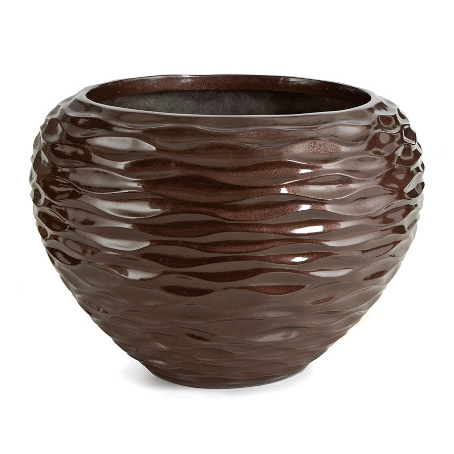 14 Inch Metallic Cocoa Fiberglass Planter: 8.5 Inch Inside Diameter