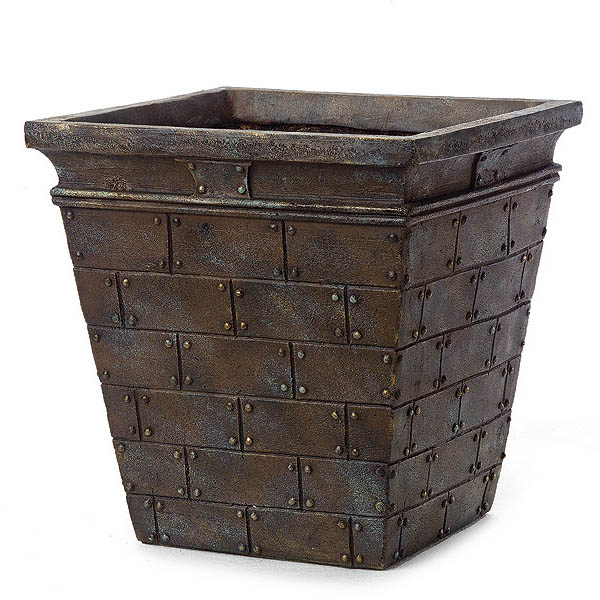 12.5 Inch Square Weathered Bronze Fiberglass Riveted Planter: 10 Inch Inside Dia.