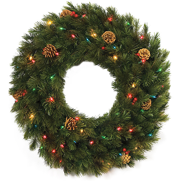 30 Inch Wellington Pine Wreath: Multi-colored Lights