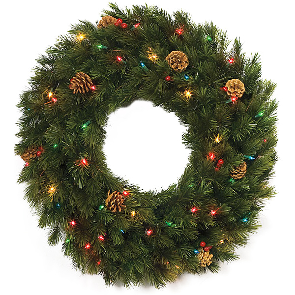 30 inch Wellington Pine Wreath: Multi-Colored Lights