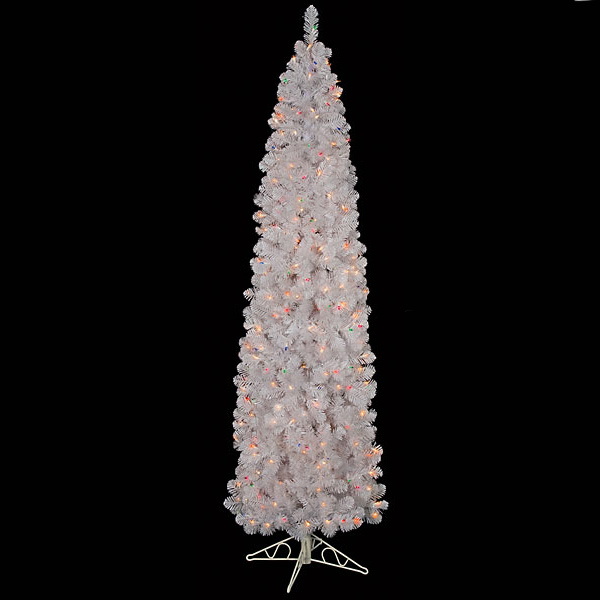7.5 Foot White Pencil Pine Tree: Multi-colored & Clear Lights