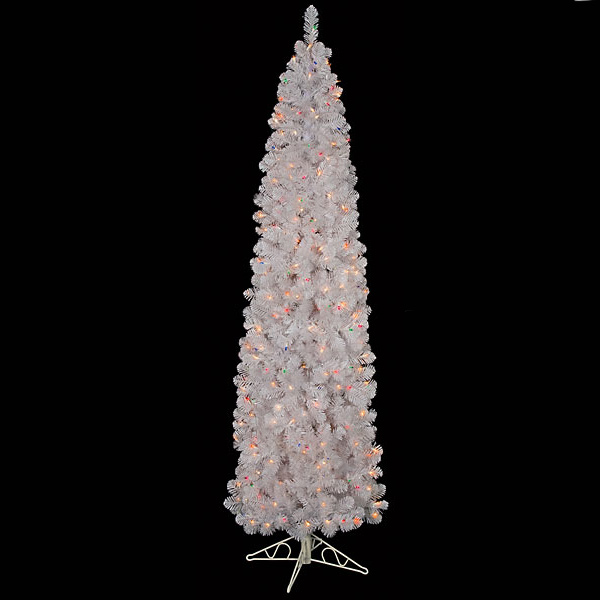 7.5 foot White Pencil Pine Tree: Multi-Colored & Clear Lights