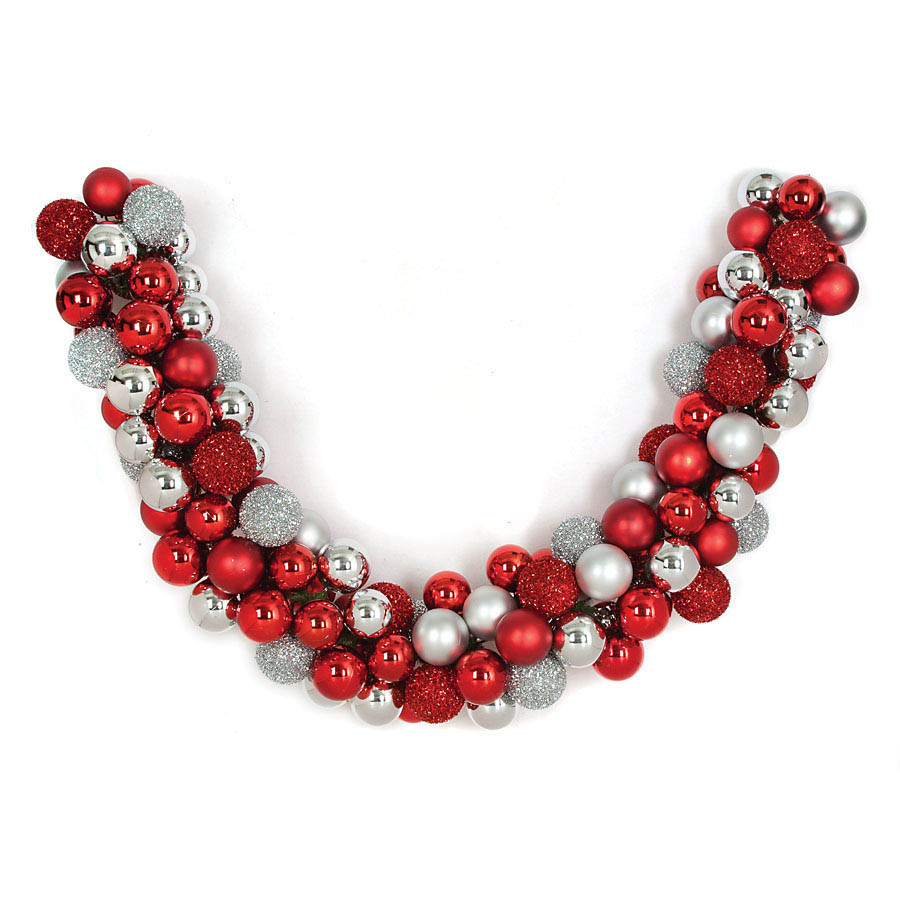 6 foot x 8 inch Plastic Red & Silver Mixed Ball Garland