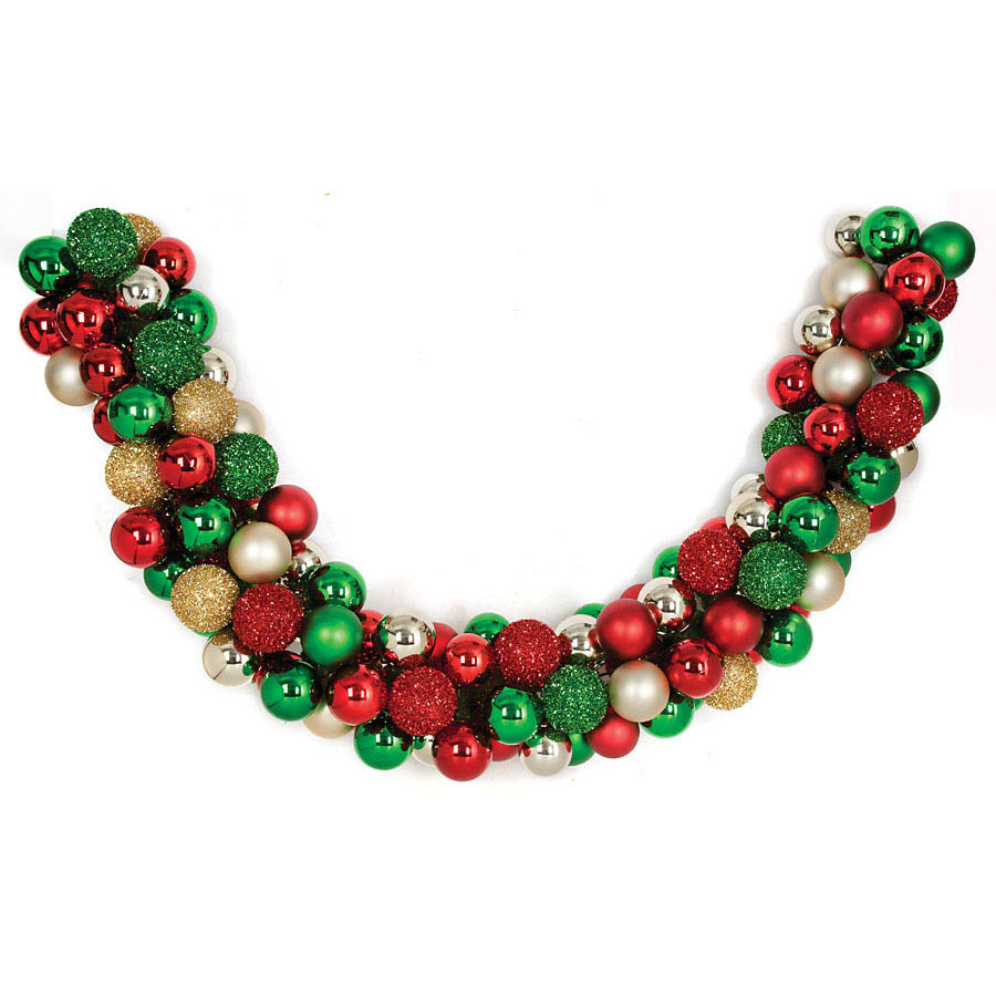 6 foot x 8 inch Plastic Red, Green & Gold Mixed Ball Garland