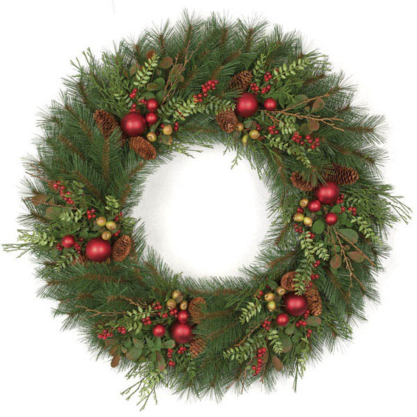 36 inch Long Needle Mixed Pine Wreath with Cones & Ornaments