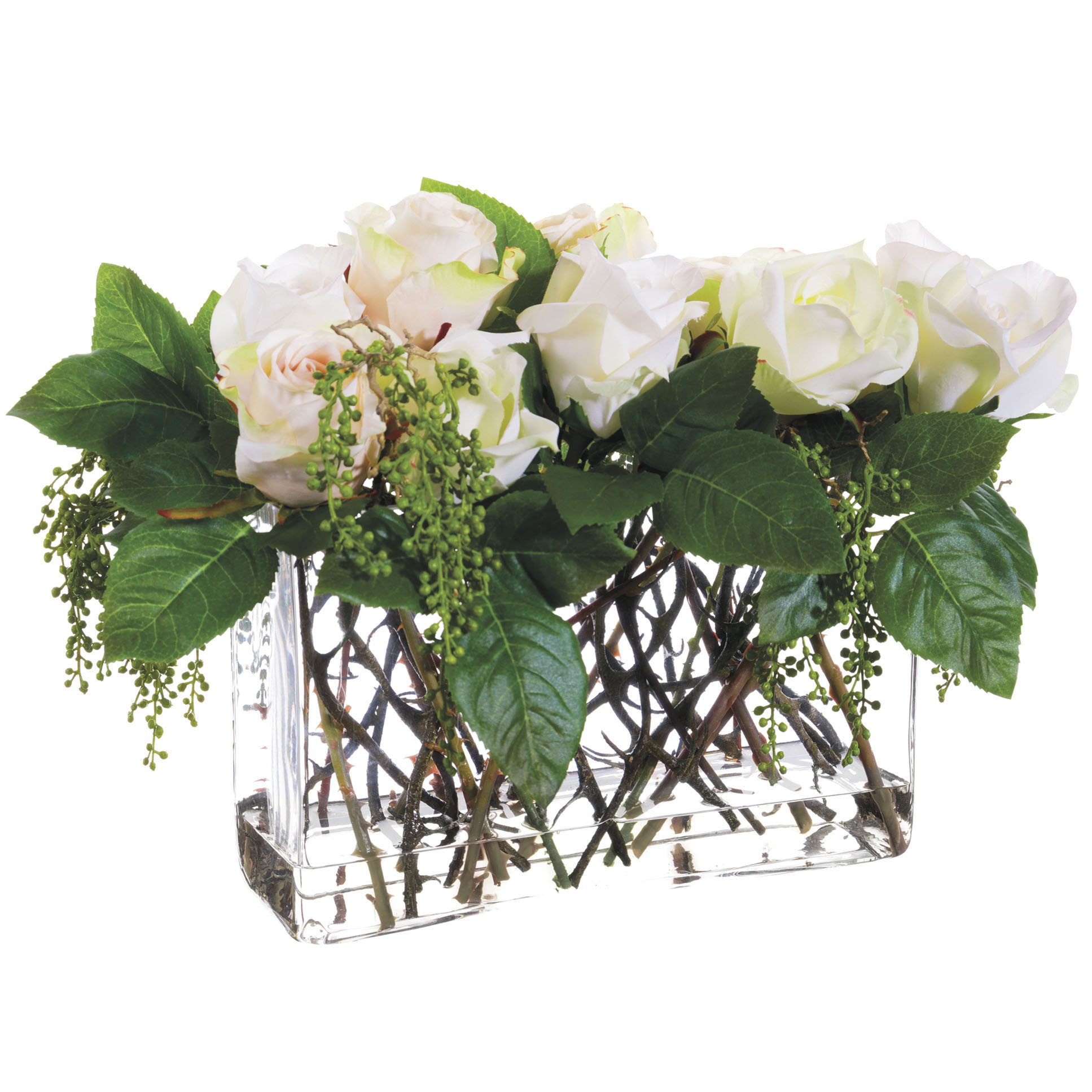 12 inch Artificial White Rose and Berry Arrangement in Glass Vase