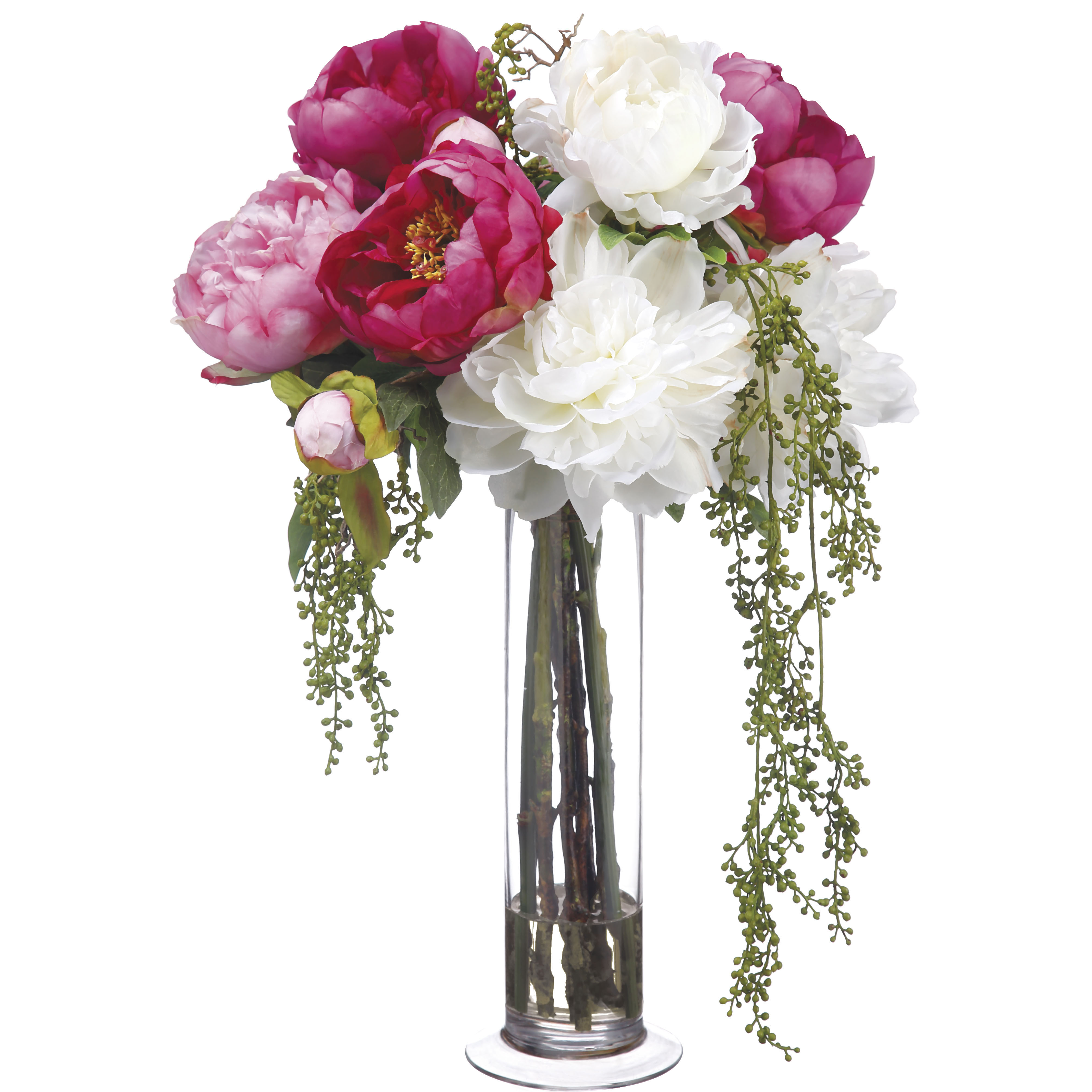 21 Inch Artificial Peony And Berry Arrangement In Cylinder Glass Vase