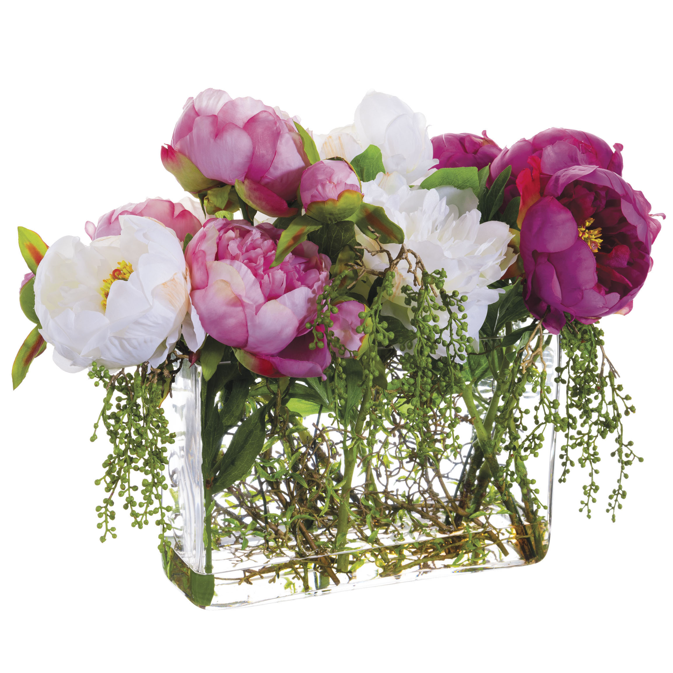 14 inch Peony and Berry Arrangement in Rectangular Glass Vase | WF1795
