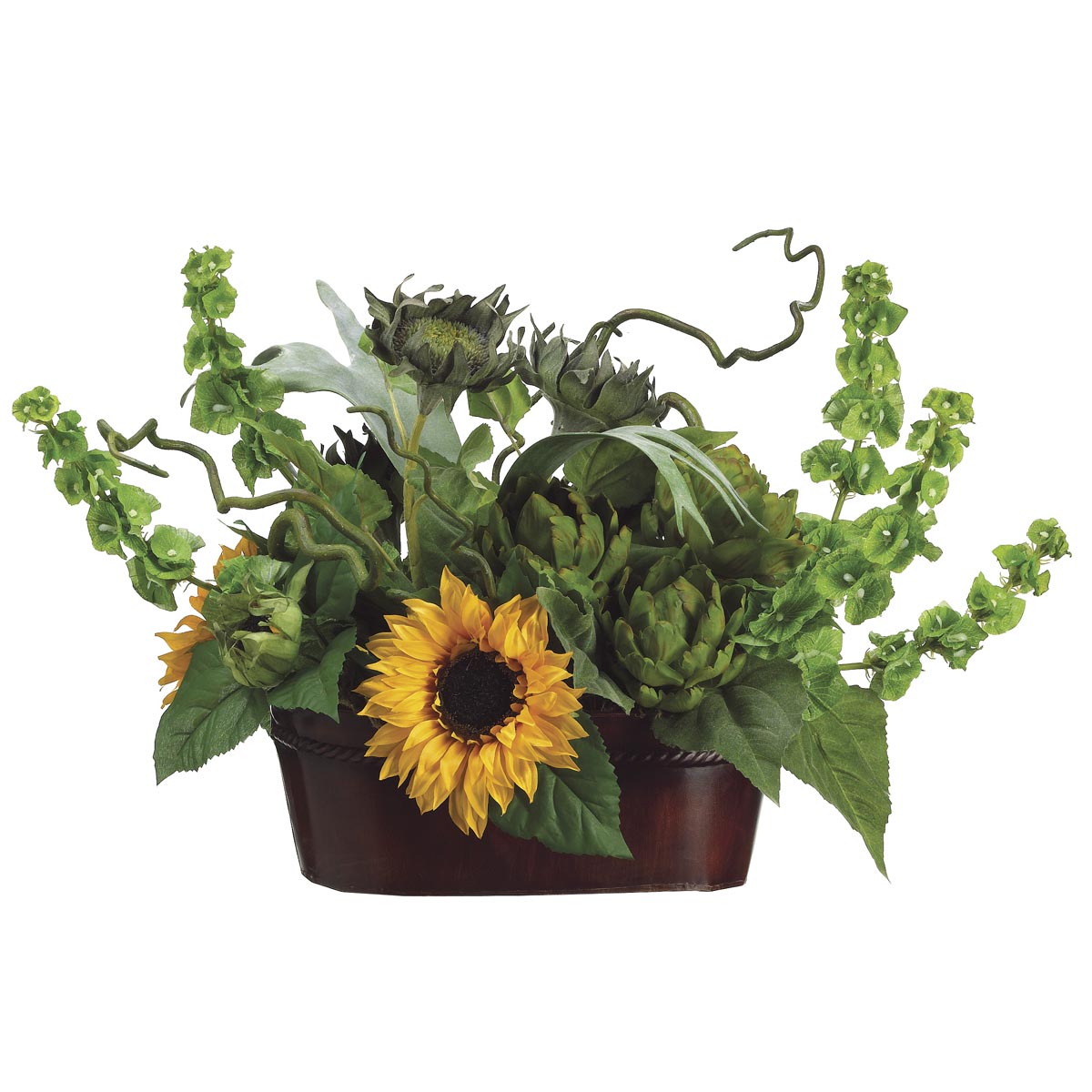 16 Inch Sunflower And Artichoke Arrangement In Metal Container