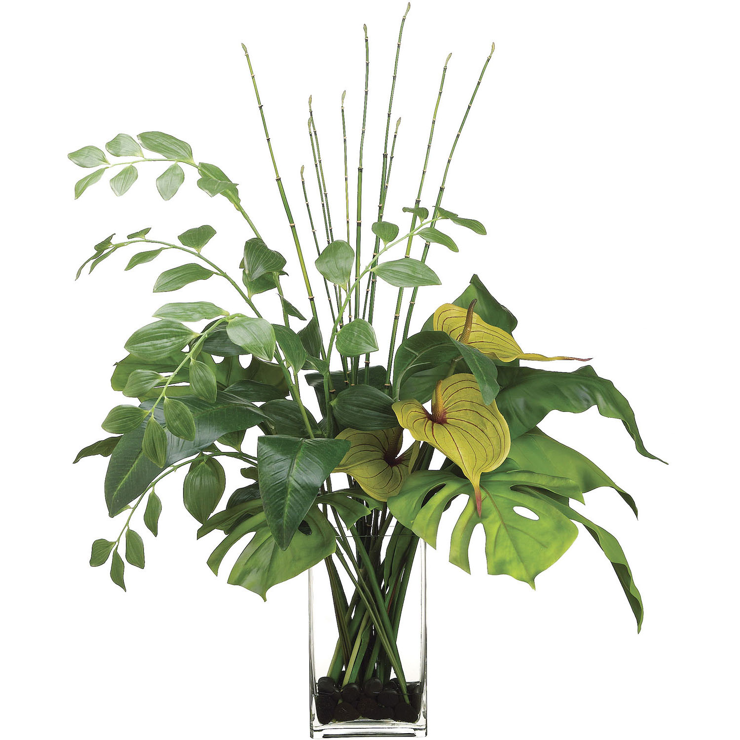 38 Inch Anthurium, Bird Of Paradise Leaf, Solomons Seal In Glass Vase