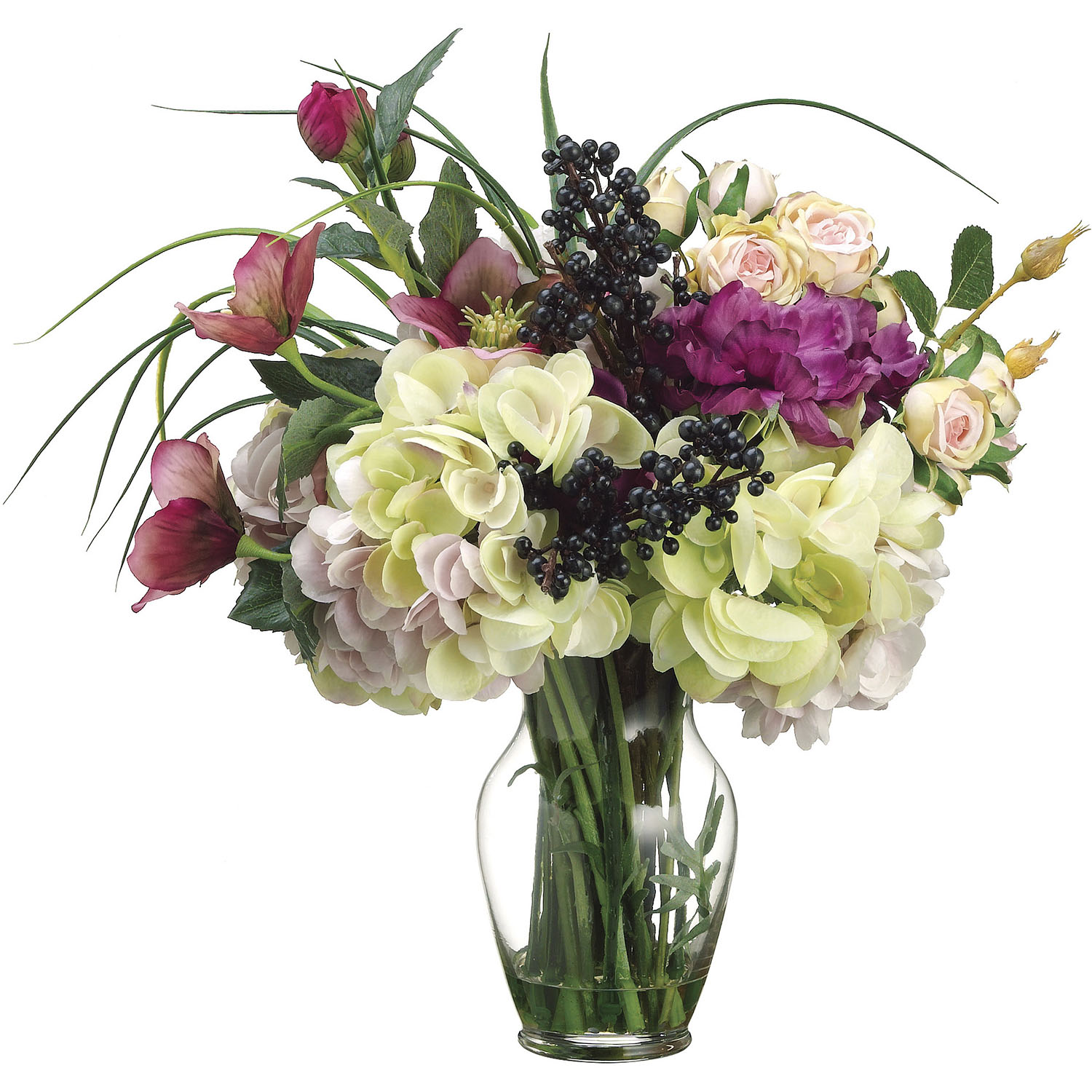 16 Inch Helleborus, Anemone, Rose, And Hydrangea In Glass Vase