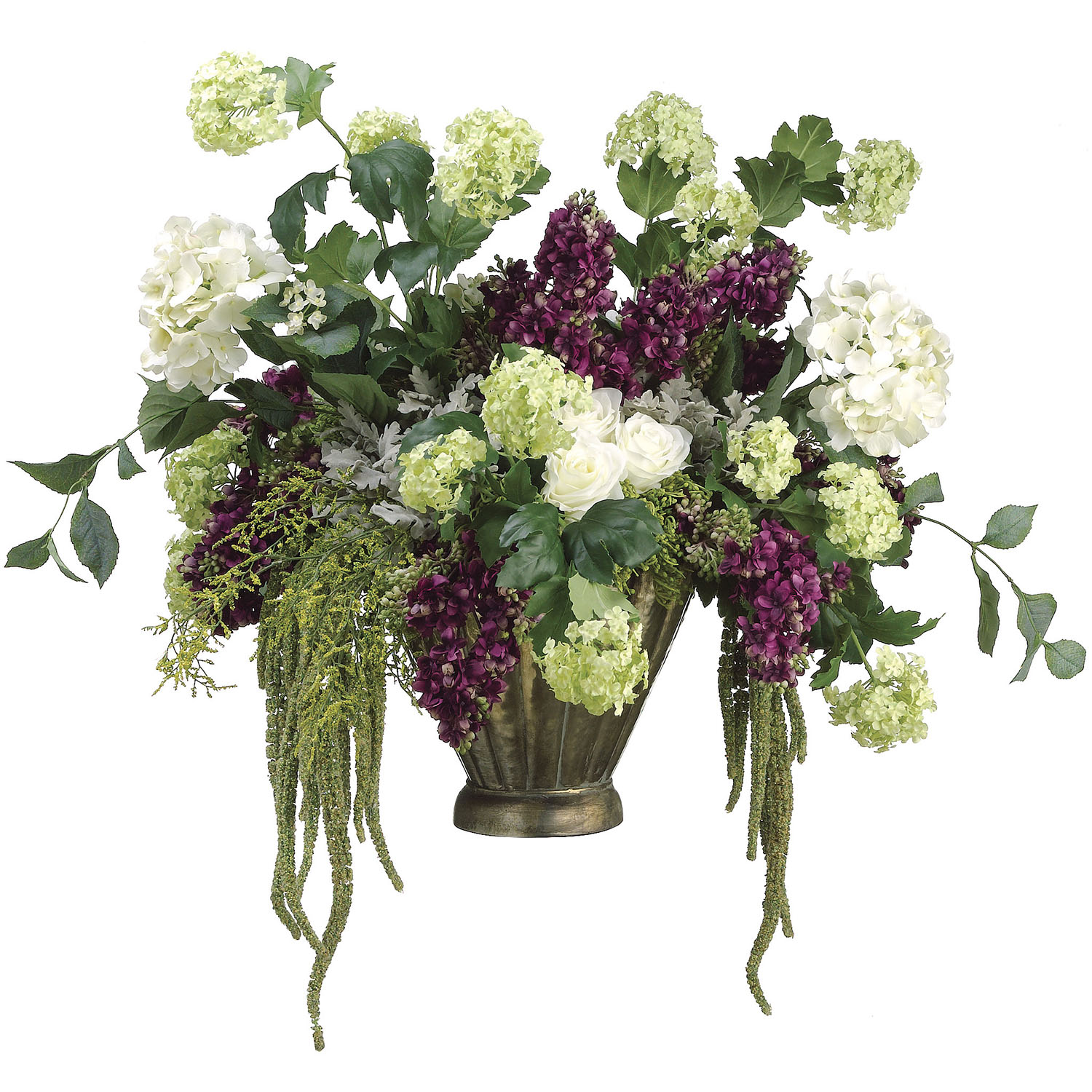 23 Inch Hydrangea, Lilac, Snowball, & Rose Arrangement In Metal Pot