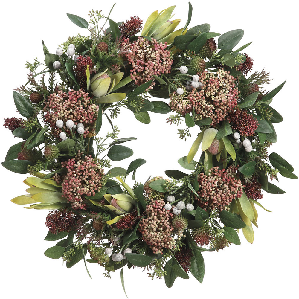19 Inch Artificial Protea, Thistle, And Sedum Wreath