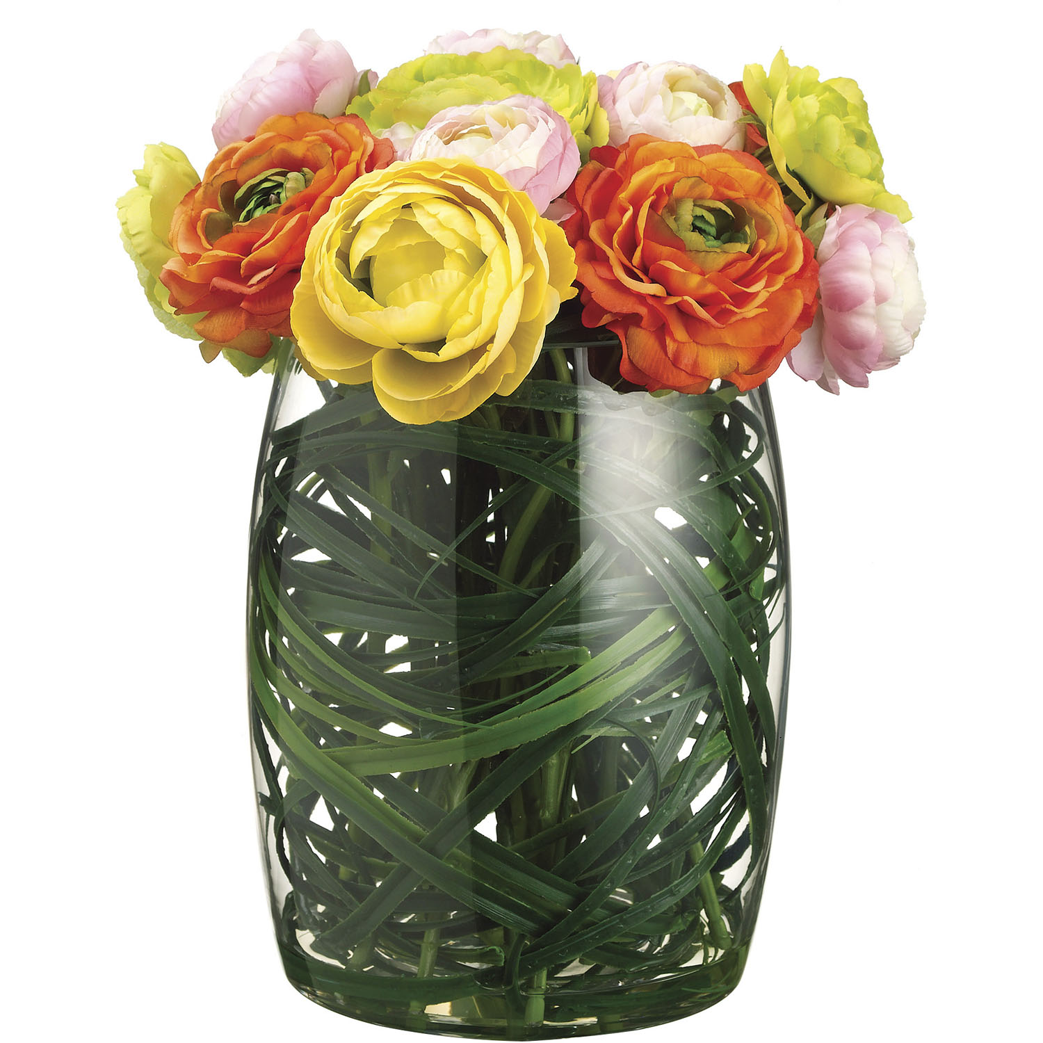 13 Inch Ranunculus And Grass Arrangement In Glass Vase