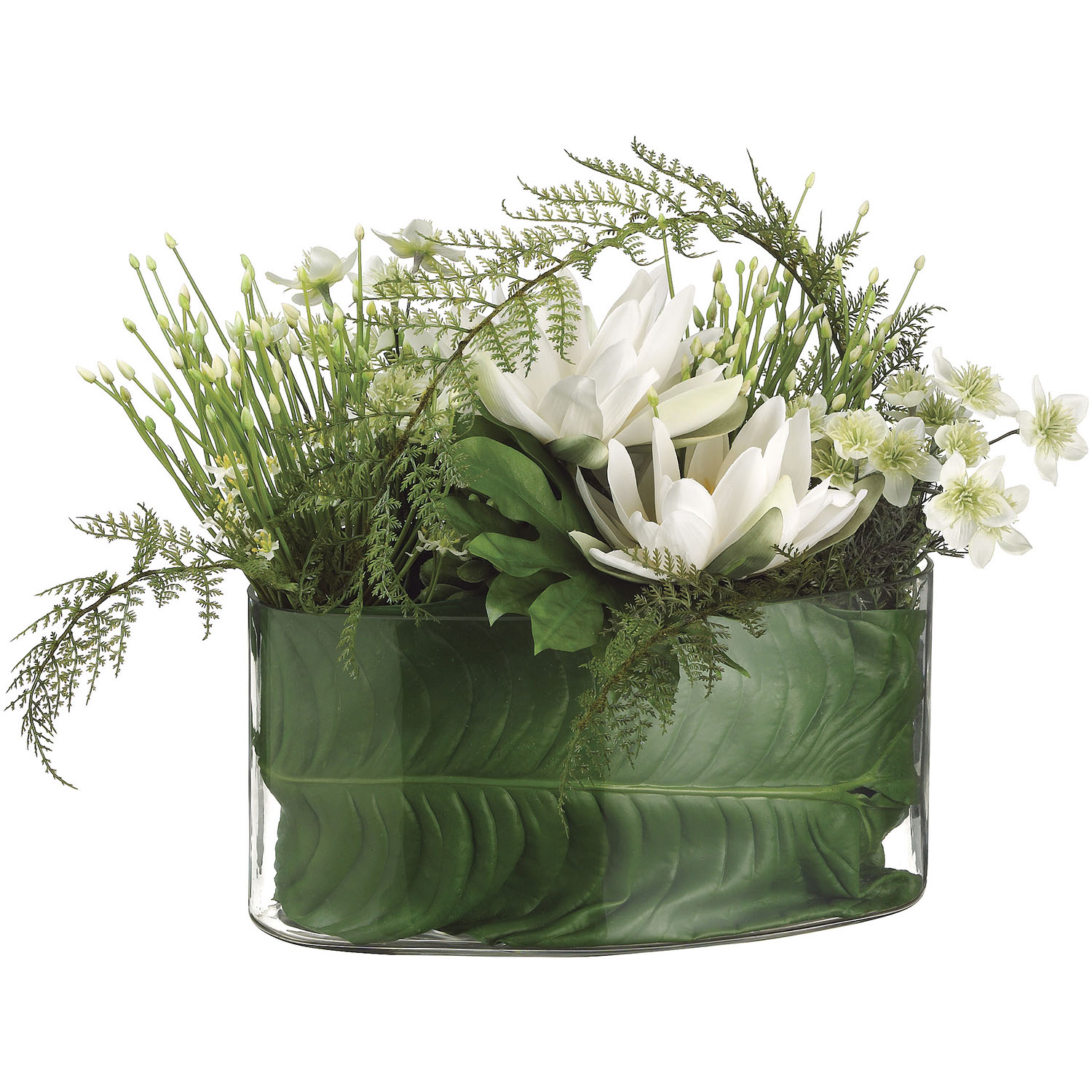 18 Inch Water Lily, Allium, & Lace Fern In Glass Container