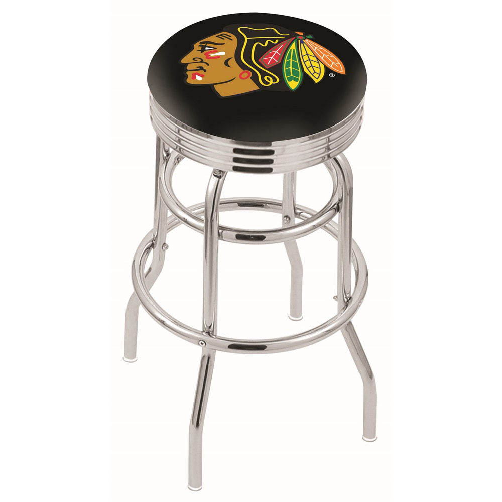 L7C3 - inch Chrome 2-Ring (Black) Chicago Blackhawks Swivel Bar Stool
