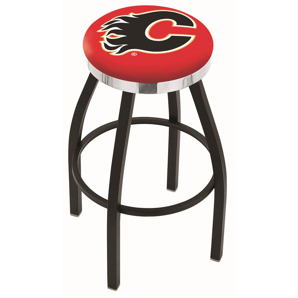 inch Black Calgary Flames Swivel Bar Stool w/ Chrome Accent Ring