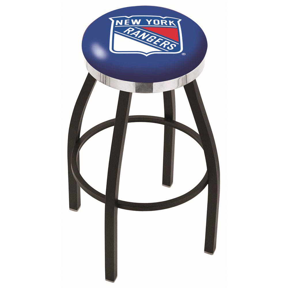 inch Black New York Rangers Swivel Bar Stool w/ Chrome Accent Ring