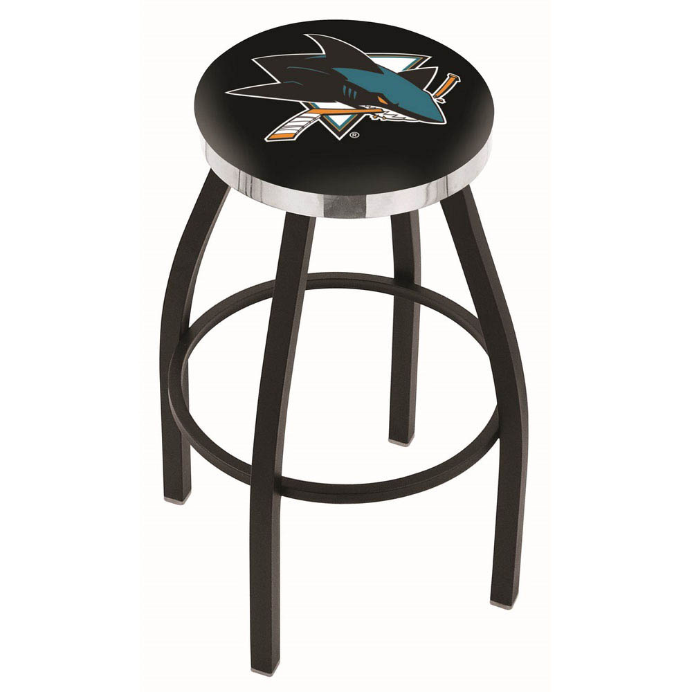 inch Black San Jose Sharks Swivel Bar Stool w/ Chrome Accent Ring