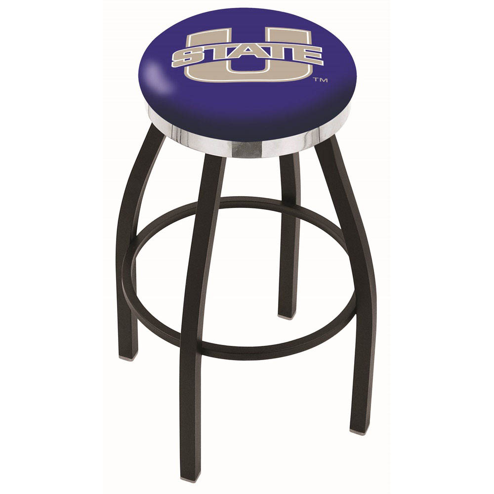 inch Black Utah State Swivel Bar Stool w/ Chrome Accent Ring
