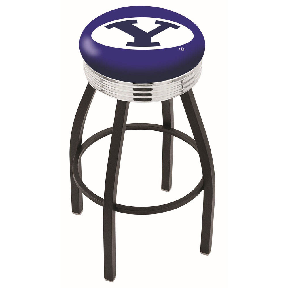 inch Black Brigham Young Swivel Bar Stool w/ Chrome Ribbed Accent