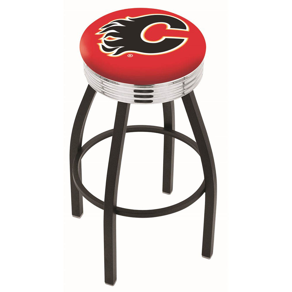 inch Black Calgary Flames Swivel Bar Stool w/ Chrome Ribbed Accent