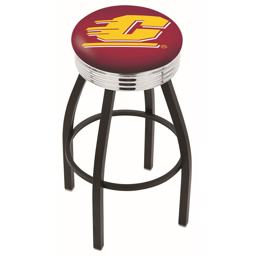 inch Black Central Michigan Swivel Bar Stool w/ Chrome Ribbed Accent